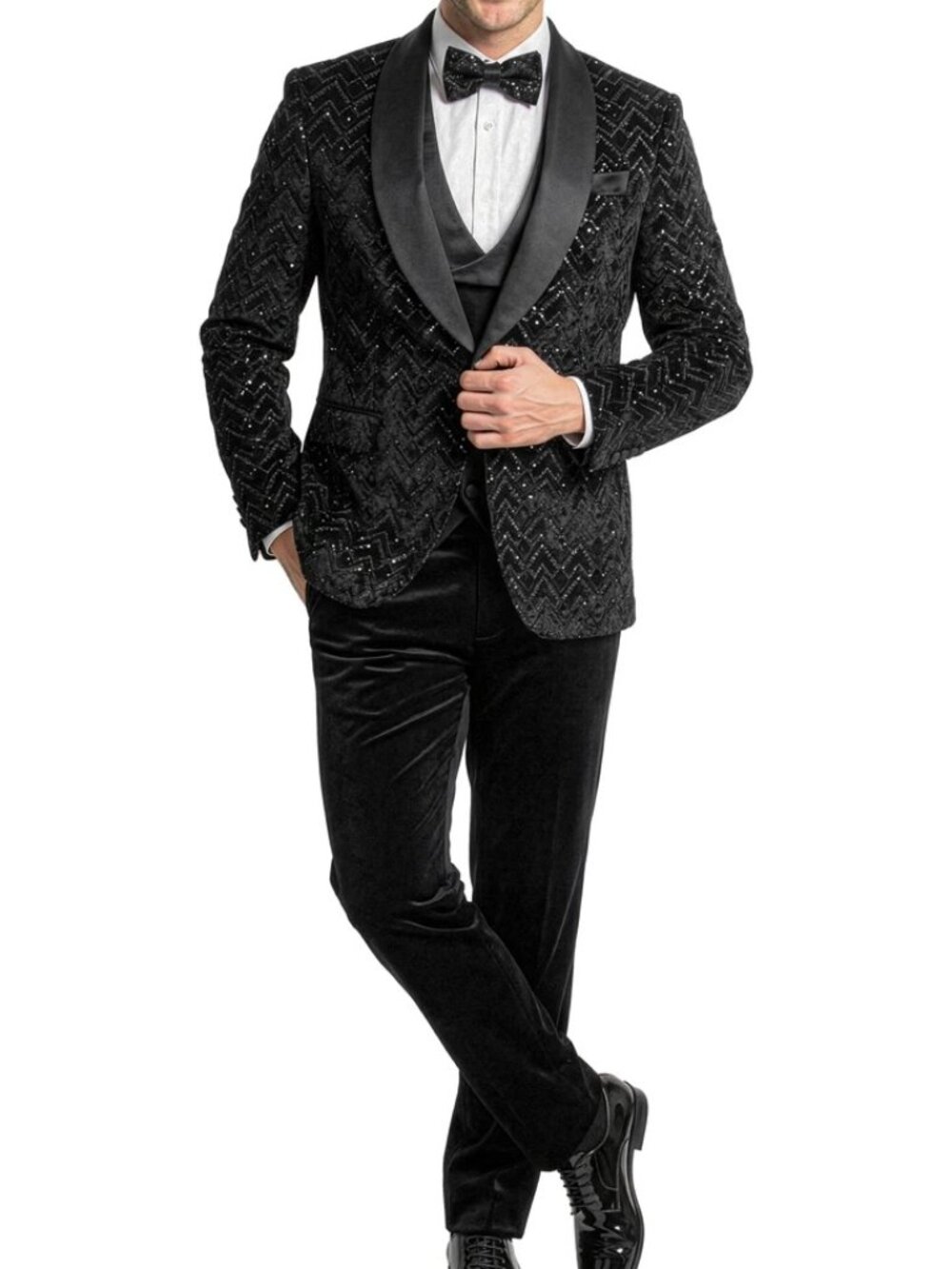 Black Velvet Sequin Satin Shawl Lapel 3 Piece Skinny Men's Fashion Suit